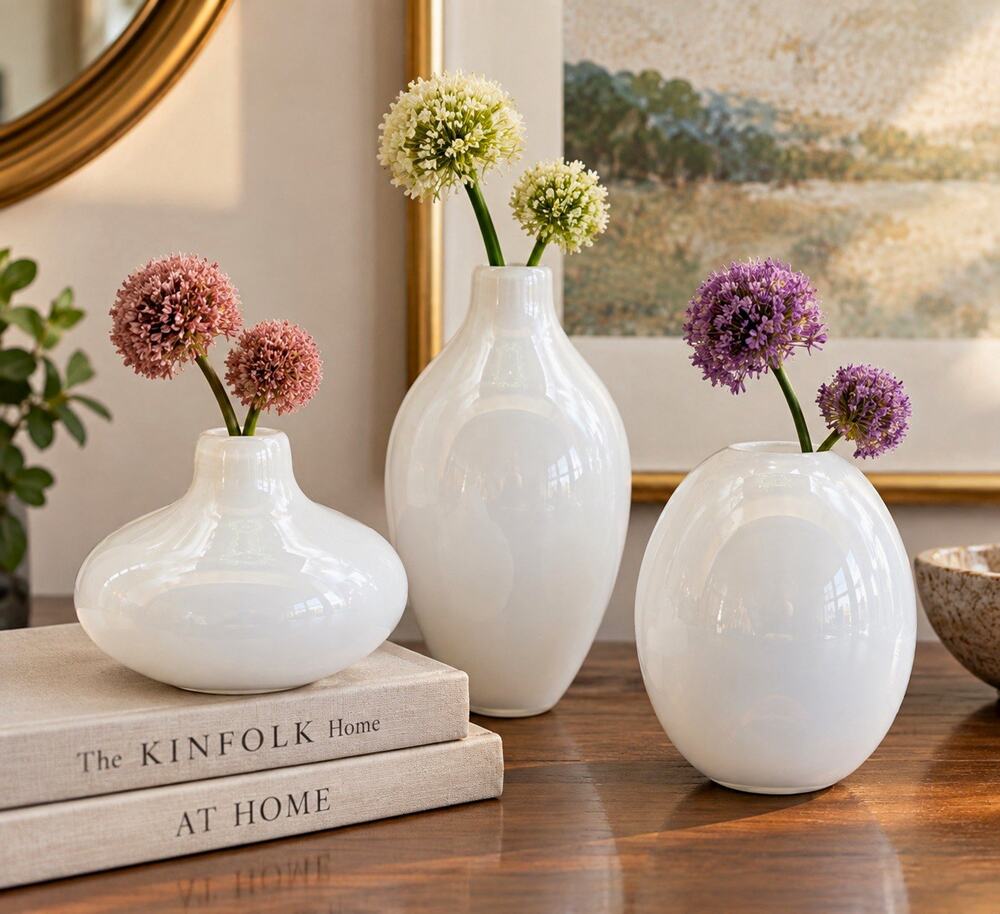 Beautiful vintage set of 3 Tozai Home white glass vases in three coordinating sh
